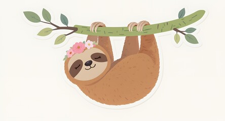 Pixelated Sloth Hanging on Green Branch with Pink Flower Crown in White Background