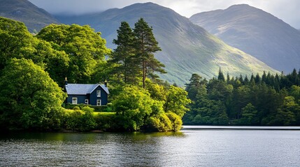 Idyllic Lakeside Retreat, A Tranquil Cottage Nestled Amidst Lush Greenery and Majestic Mountains