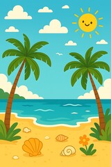 Obraz premium Cartoon tropical beach scene with palm trees and sunshine