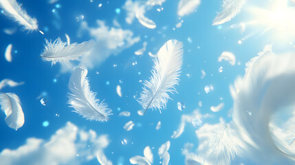 A scene of many white feathers falling from the sky