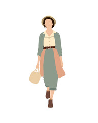Flat vector people and illustration, woman with casual vintage outfit