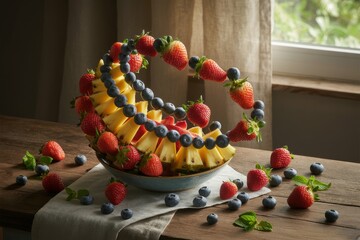 A photograph of a vibrant still life featuring an assortment of fresh fruits arranged in a whimsical spiral pattern