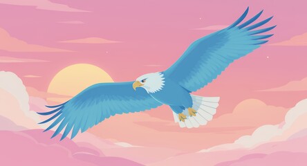 Naklejka premium Blue Eagle Soaring Over Pink Clouds With Sunset Glow Pixel Art Style Digital Design Wallpaper Graphic Illustration With Sky Background