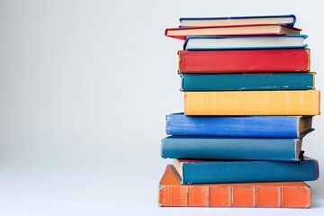 High Resolution of Pile of Books with Color Stack on White Table Copy Space