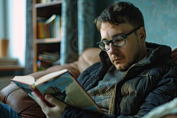 Pixel Perfect Picture of Side View of Man Wearing Glasses and Reading Book on Sofa