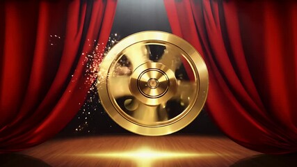 elegant red theater drapes reveal spinning golden film reel perfect cinematic introduction awards shows film festivals movie openings