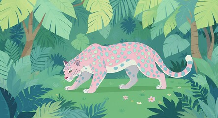 Pixelated Pink Jaguar with Blue Spots in Green Jungle Illustration Detailed Pixel Art of Prowling Animal amidst Dense Foliage Vibrant Tropical Wildlife Scene with Stylized Design