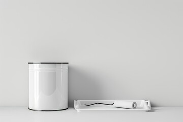 Ultra Quality Image of White Metal Can with Paint Roller Tray and Paint Roller Painting Tools