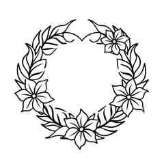 Tropical flower wreath arranged in circle Line Art Vector illustration