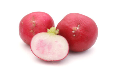 Three radishes. Three ripe radishes against white background