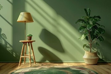 Wooden Stool Next to Plant in Green Natural Living Room Interior with Lamp and Rug Real Photo