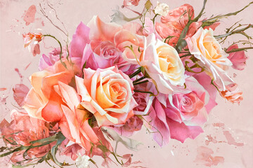 Pink Blossom Roses Watercolor Mural Art Print