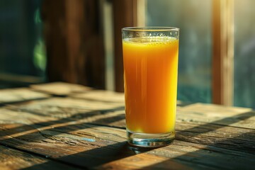 Detailed Picture of Still Life Glass of Fresh Orange Juice on Vintage Wood Table with