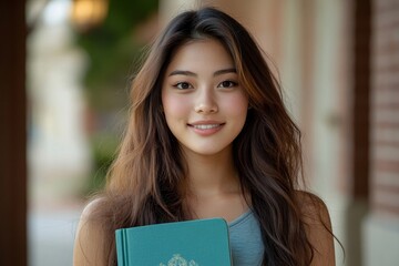 Fototapeta premium Portrait of an Asian female college student holding a textbook outdoors at her university campus., Generative AI