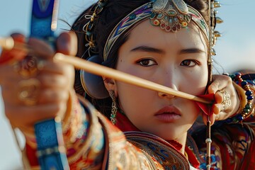 Ultra Hd Picture of Beautiful Mongolian Woman in Traditional Dress Performing Archery