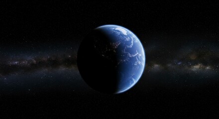 Fototapeta premium A mesmerizing view of Earth from space, half illuminated, set against a backdrop of the Milky Way galaxy