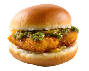 Close-up of Indian vada pav with spicy potato filling and green chutney in soft bun isolated on transparent background