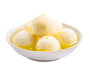 Traditional Indian sweet rasgulla served in white bowl soaked in sugar syrup isolated on transparent background