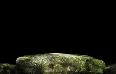Stone podium on dark black background.