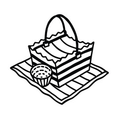 Fototapeta premium Beach picnic blanket spread with wicker basket Line Art Vector illustration