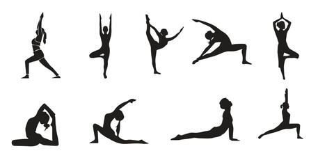 
Collection of yoga poses. yoga pose girl silhouette set vector illustration and yoga exercise icon