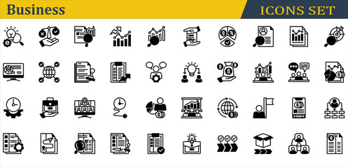 Business Icon Set. Containing Agreement,Brainstorming,Business Idea,Business Plan,Contract,Grow Up,Income,Investor,Mission,Research,Supply Chain,Teamwork,Time Management. Mixed Style