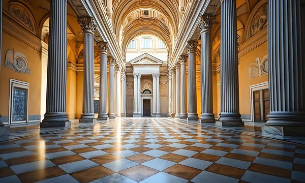Yellow Hall With Marble Columns Ornate Ceiling and Checkered Floor Enhancing Light Adobe Stock Photo