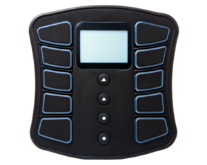 Black electronic control panel with digital screen on a transparent background