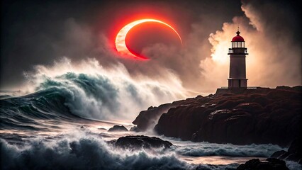Dramatic lighthouse on rocky shore with crashing waves under glowing solar eclipse sky
