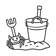 Bucket and spade with small crab in sand Line Art Vector illustration