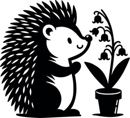 Hedgehog gently exploring a Lily of the Valley bloom on a quiet spring morning

