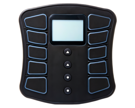 Black electronic control panel with digital screen on a transparent background
