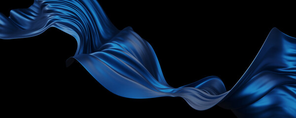 Luxury dark blue fabric flying in the wind on black background with copy space 3D render