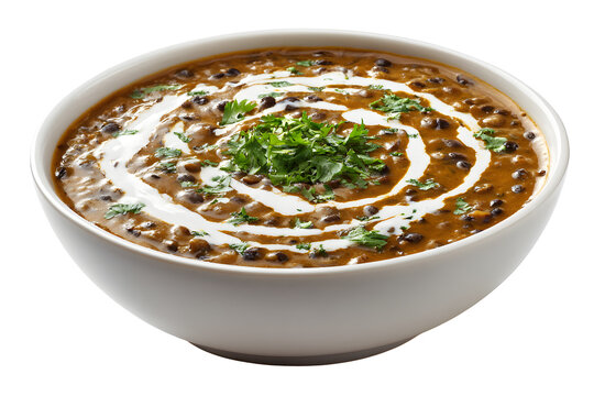Traditional Indian dal makhani served in white bowl garnished with cream and fresh coriander leaves isolated on transparent background
