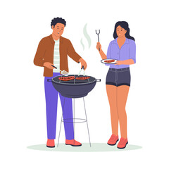 Couple Enjoying Outdoor Barbecue Flat Illustration. Illustrations for websites, landing pages, mobile apps, posters and banners