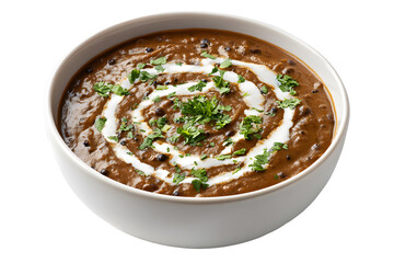 Traditional Indian dal makhani served in white bowl garnished with cream and fresh coriander leaves isolated on transparent background