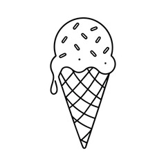 Colorful ice cream cone melting with sprinkles Line Art Vector illustration
