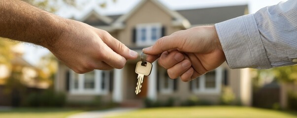 Realtor agent handing over a house key to a new owner after the lease agreement is signed., Generative AI