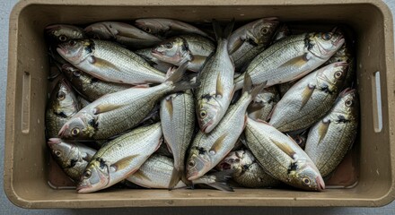 Fototapeta premium A crate brimming with freshly caught, silvery fish, their scales gleaming under the light