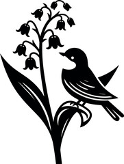 Graceful bird sitting quietly on a fresh Lily of the Valley stem in garden
