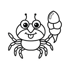 Cute crab holding ice cream with joy Line Art Vector illustration