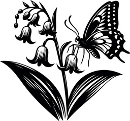 Delicate butterfly gently landing on a white Lily of the Valley bell flower
