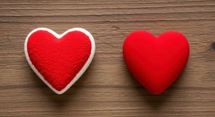 Fototapeta premium Two red hearts on a wooden surface