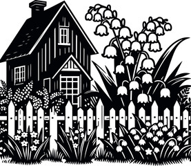 Beautiful cottage garden scene with Lily of the Valley flowers lining the old fence
