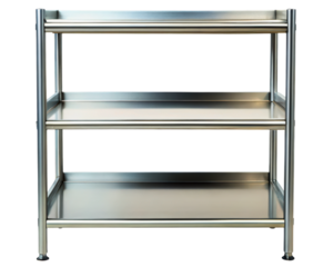 Polished stainless steel shelving unit with three levels on a transparent background