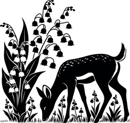 Graceful deer peacefully grazing near a lush patch of blooming Lily of the Valley
