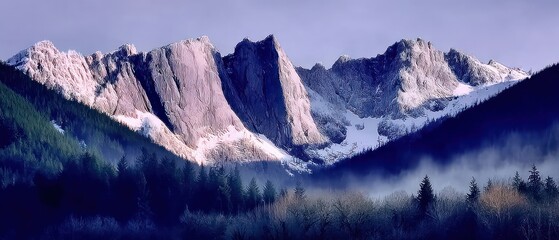Majestic mountain range, snow-capped peaks, and misty forest