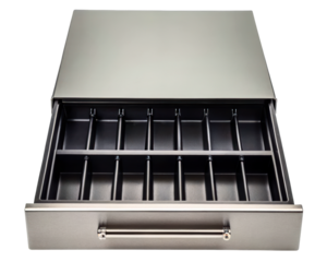 Open cash drawer with multiple money compartments on a transparent background
