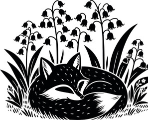 Sleeping fox nestled softly among delicate Lily of the Valley blossoms in a lush meadow
