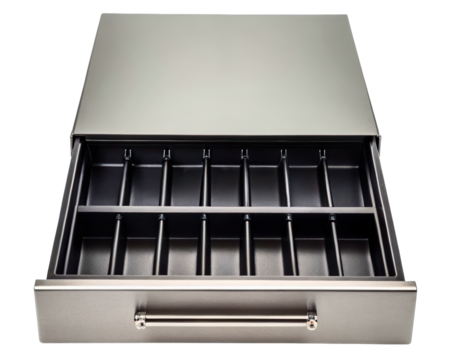 Open cash drawer with multiple money compartments on a transparent background